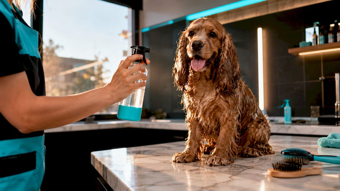 Refillable pet spray bottle and dog on grooming table