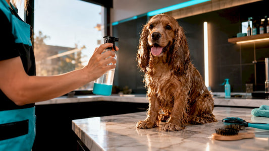Refillable pet spray bottle and dog on grooming table