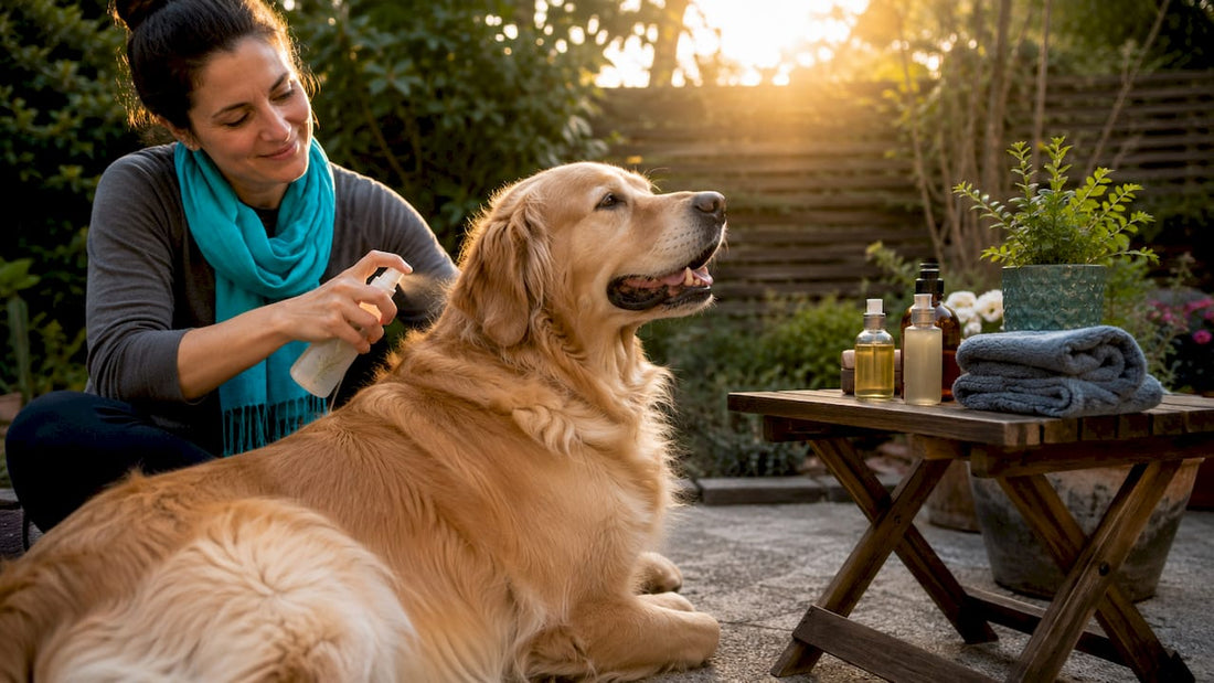 Woman applying plant-based spray on dog indoors