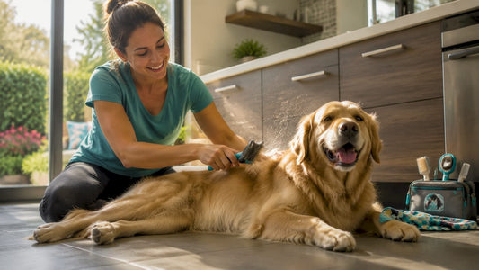 Woman dry brushing golden retriever indoors