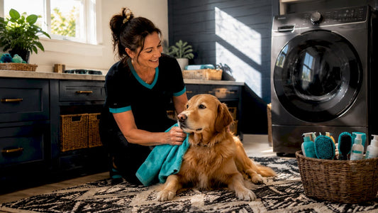 Woman towel drying golden retriever after bath