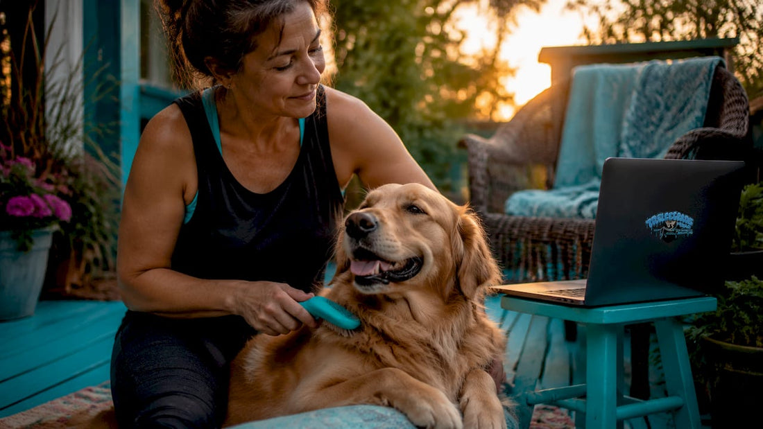 Woman brushing golden retriever in living room