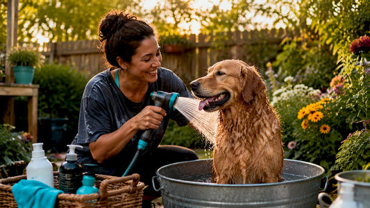 Woman using pressurized spray to groom golden retriever