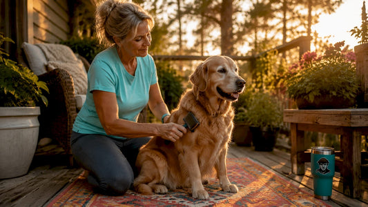 Woman grooming golden retriever with slicker brush