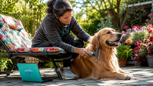 Woman brushing dog hair on sofa indoors