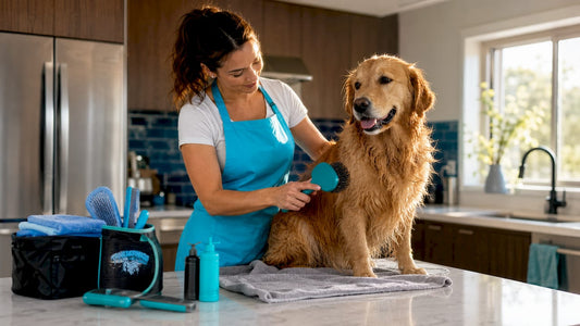 Dog groomer wet brushing a Golden Retriever