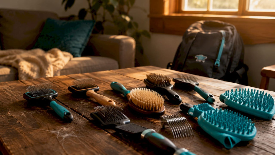 Various pet grooming brushes on wooden table