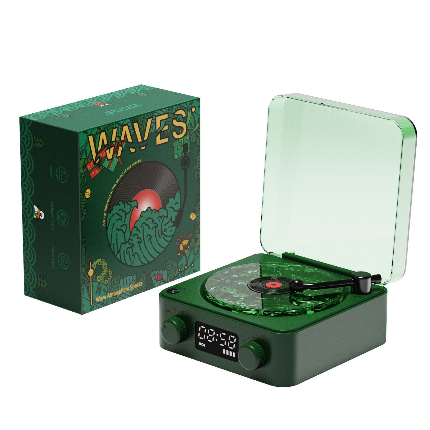 Retro Bluetooth Turntable Speaker with RGB Light & White Noise